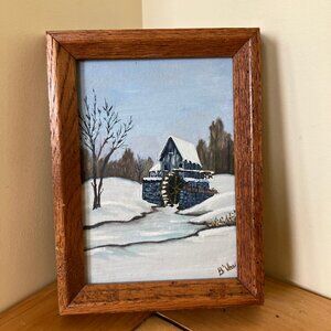 Winter Grist Mill Original Framed Oil Painting Water Wheel Landscape Signed Art